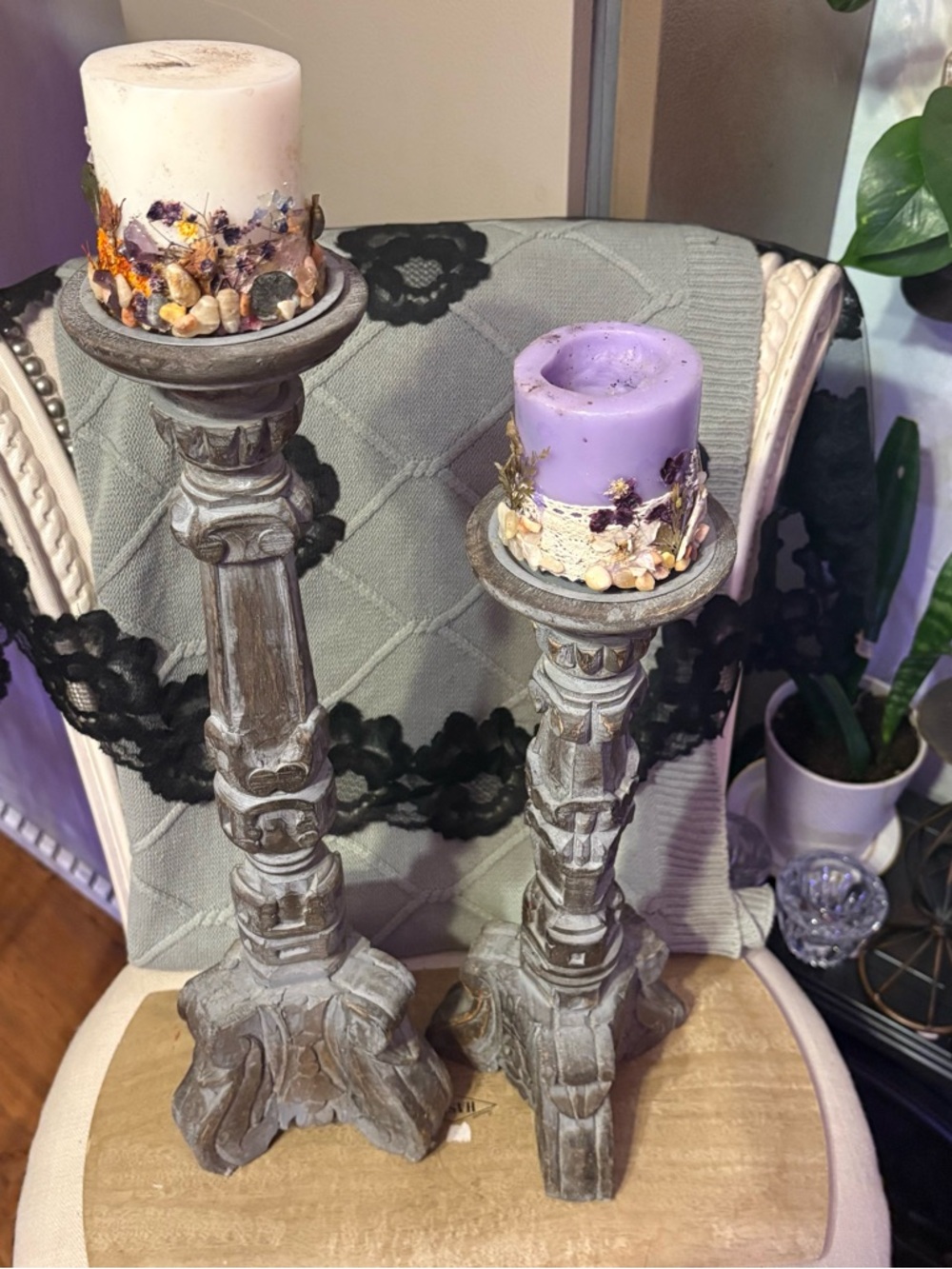 Rustic Wooden Candlestick Pair hand carved 19’, 15 distressed color